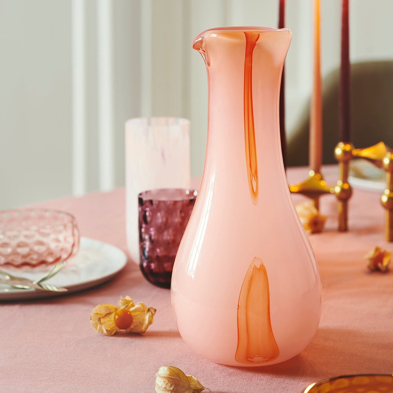 Kodanska Flow Karaffel Carafe / Vase Pink W. Red Stripes